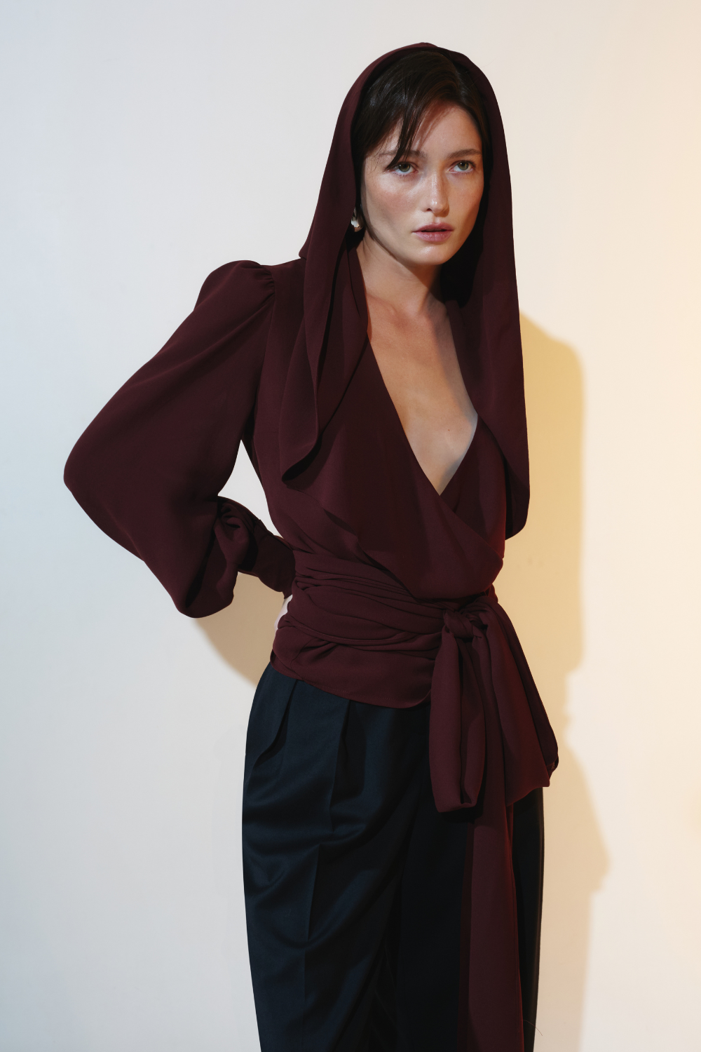Burgundy blouse with a hood - the highlight of the collection