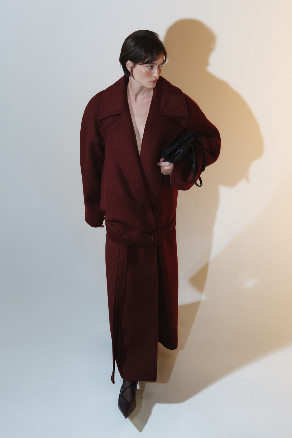 Burgundy and brown coat with a low waist