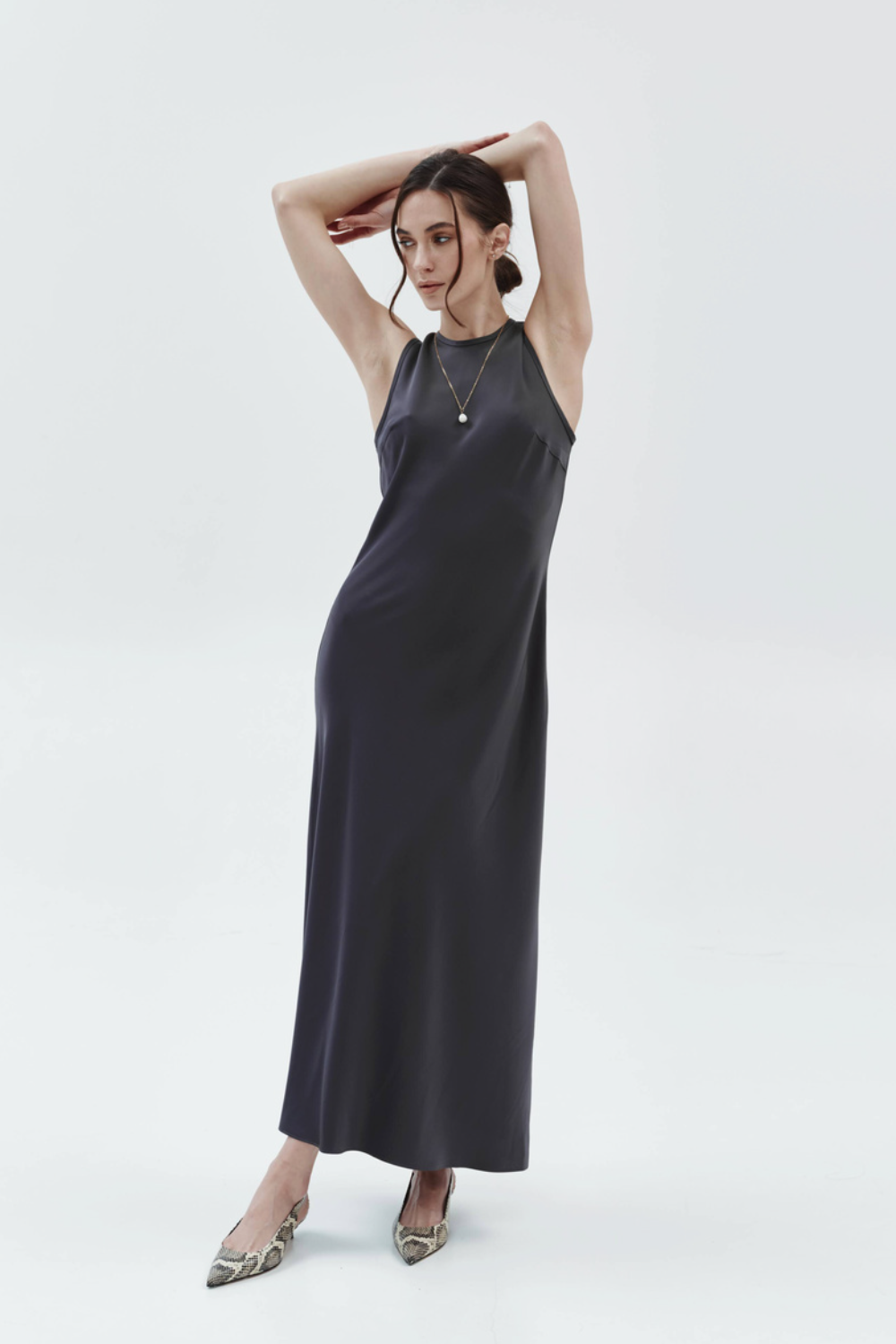 The dress is satin gray