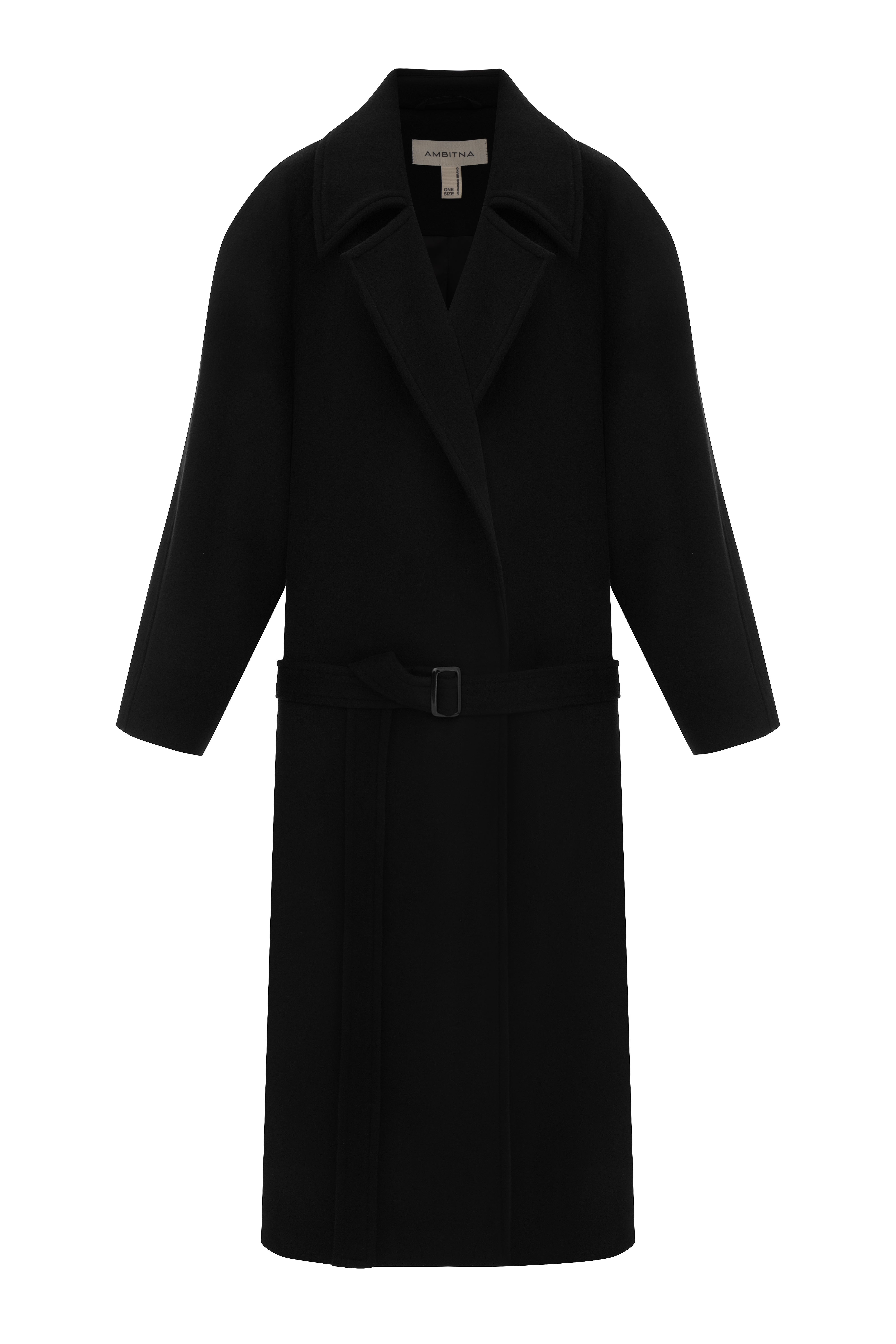 Чорне подовжене пальто із заниженою талією