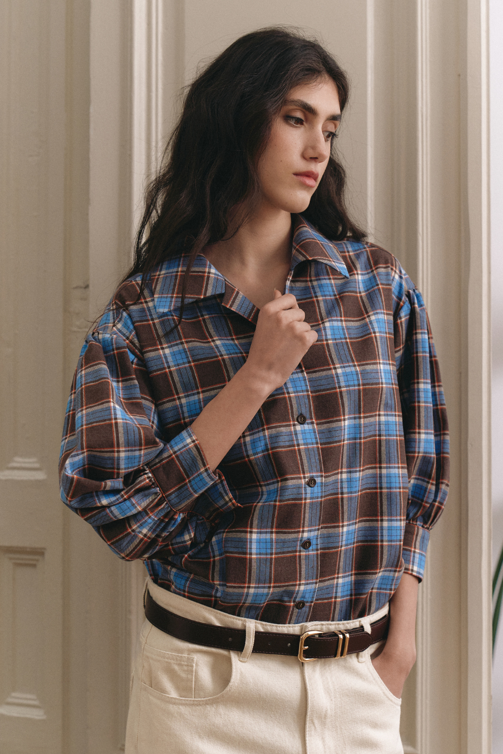 БЛАКИТНО-КОРИЧНЕВА ФЛАНЕЛЕВА СОРОЧКА З АКЦЕНТНИМИ РУКАВАМИ