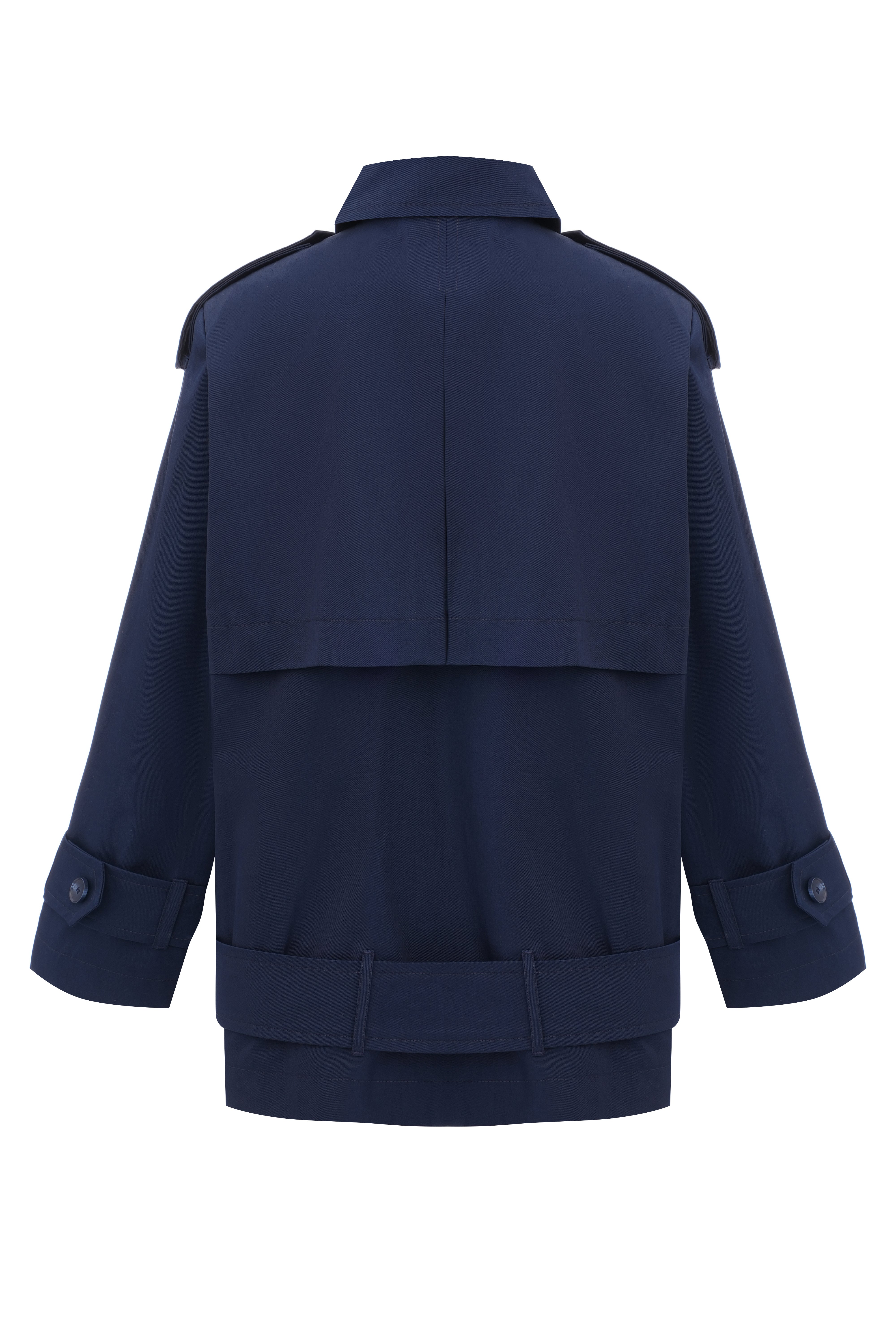 Deep blue trench coat with an accent on the low waist