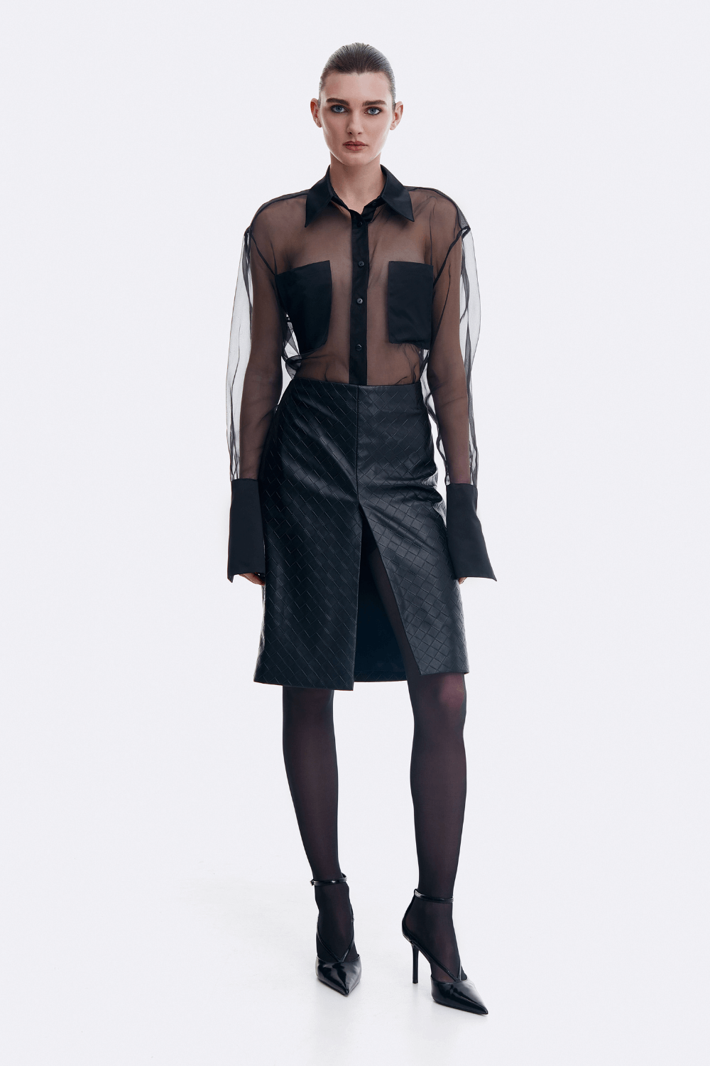 Black faux leather midi skirt