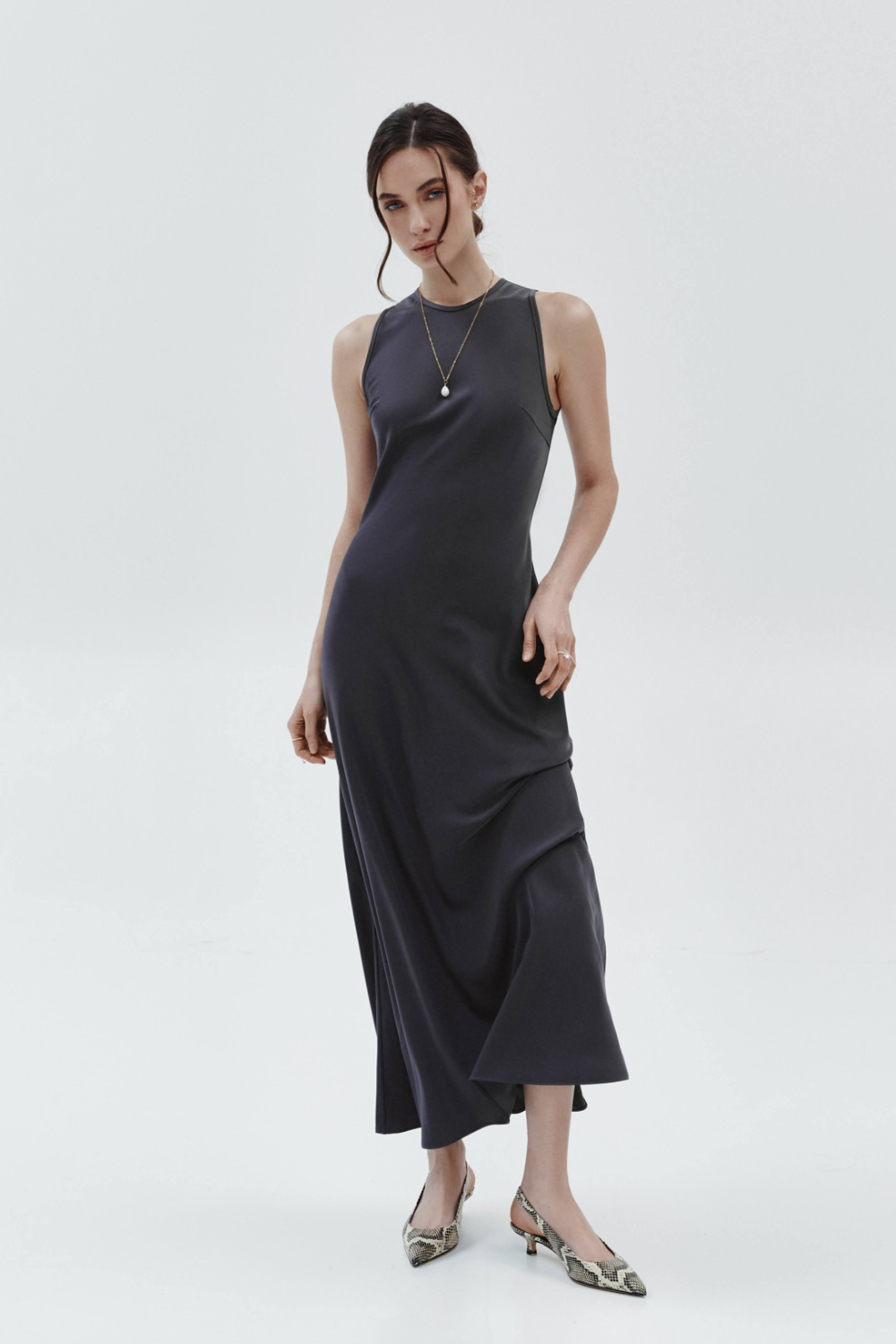 The dress is satin gray