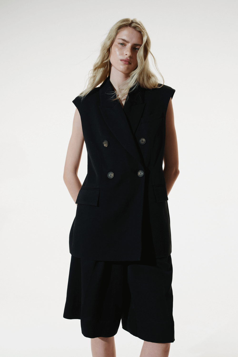 Black linen suit - vest and Bermuda shorts