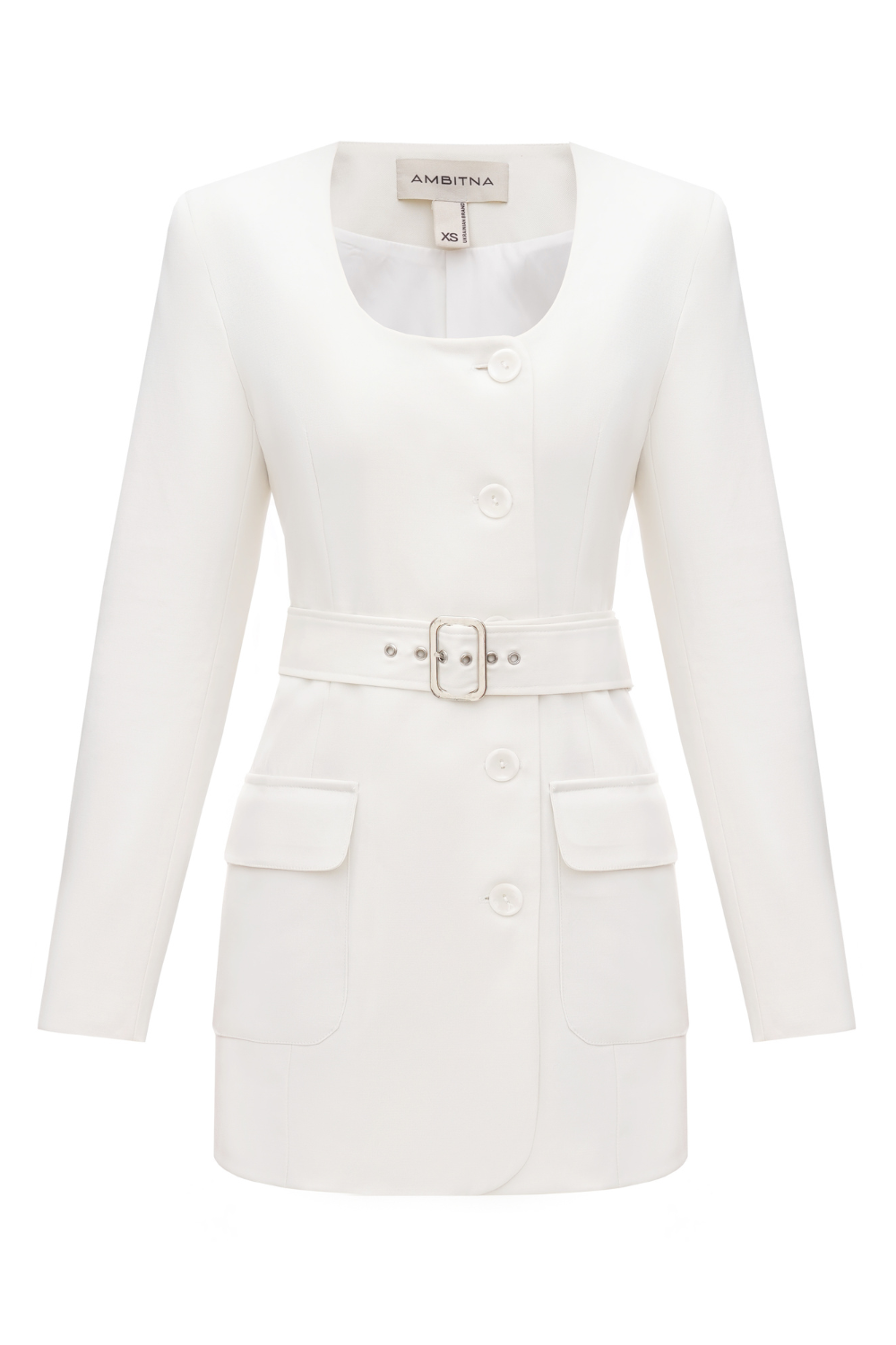 A white dress is a jacket with a belt
