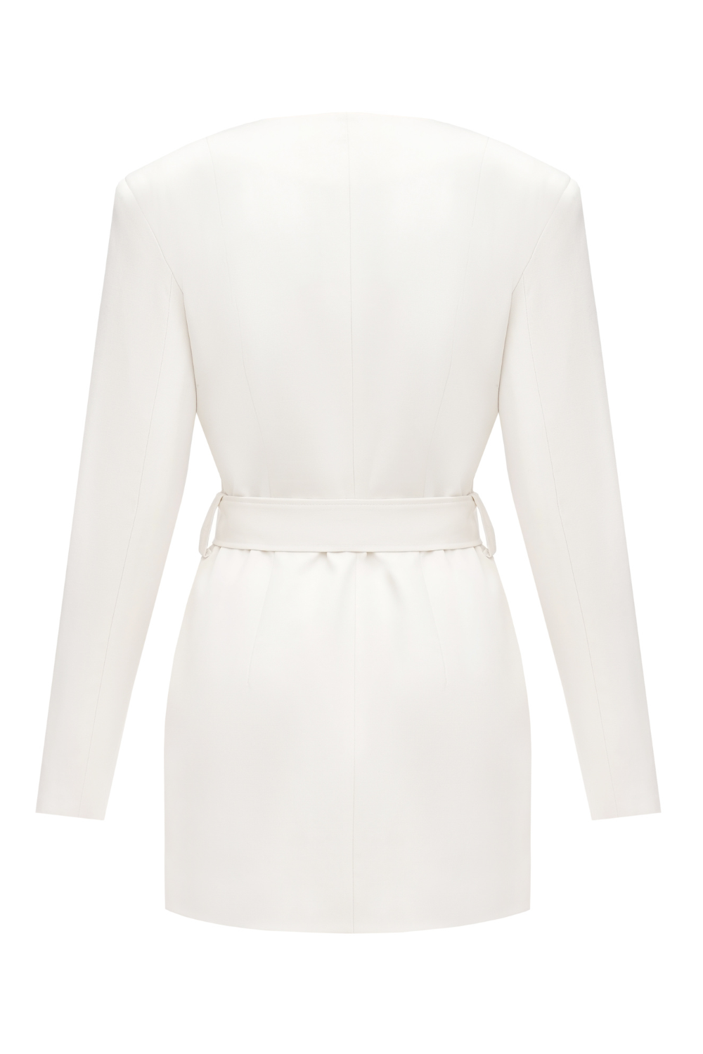 A white dress is a jacket with a belt