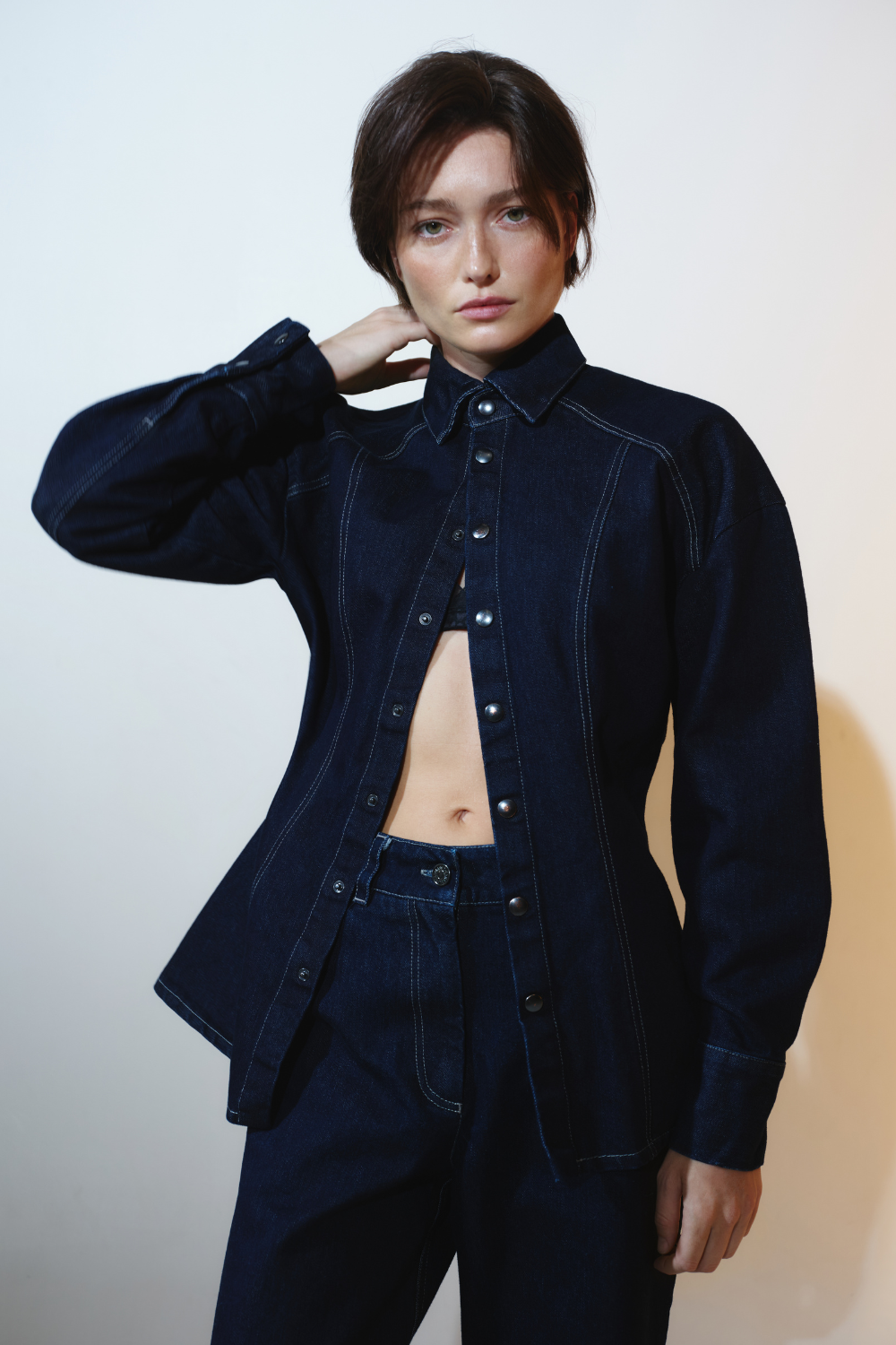 Navy blue denim suit