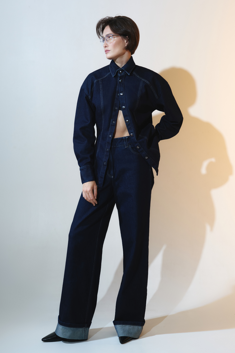Navy blue denim suit