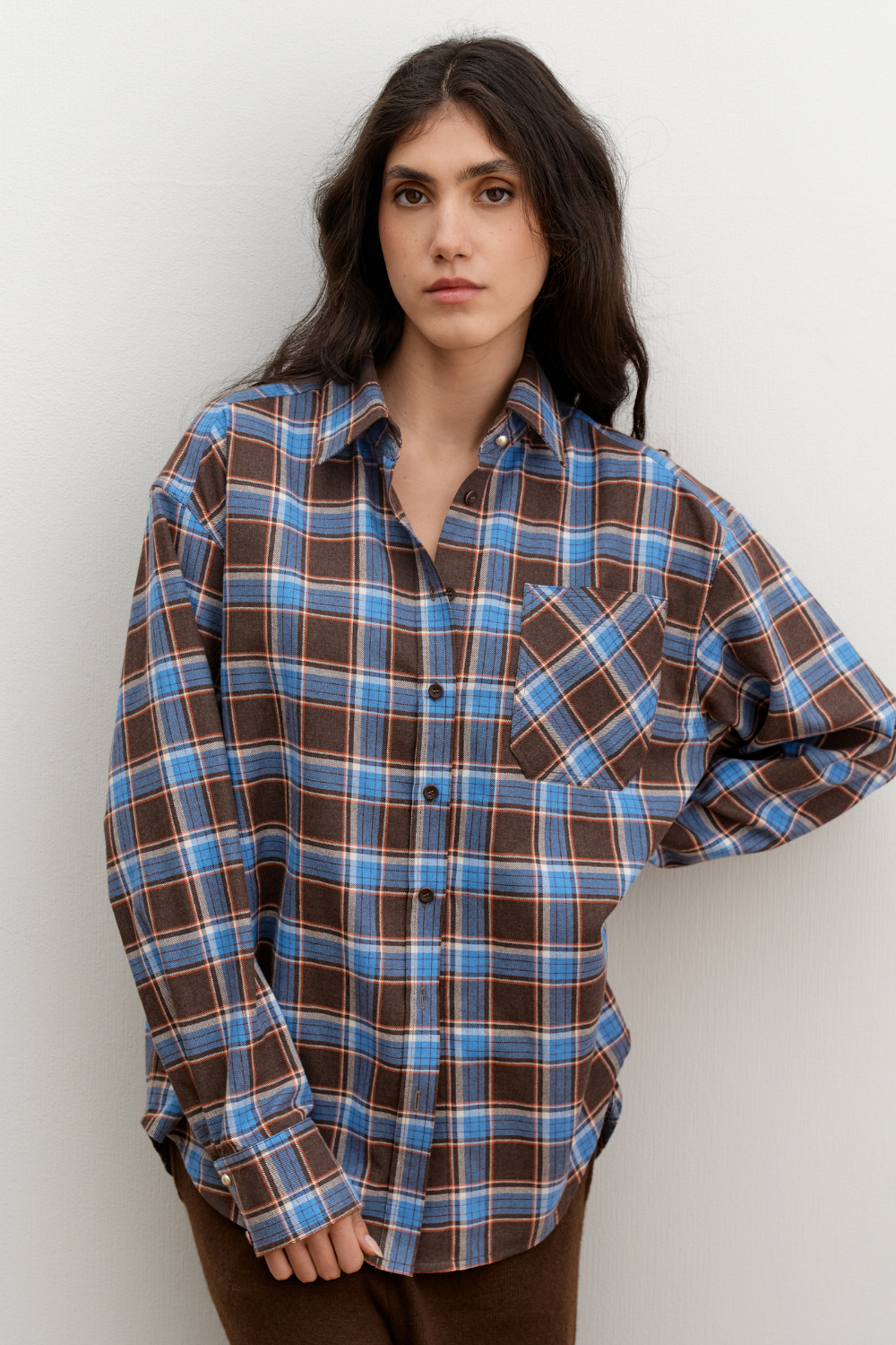 БЛАКИТНО-КОРИЧНЕВА фланелева сорочка Oversize