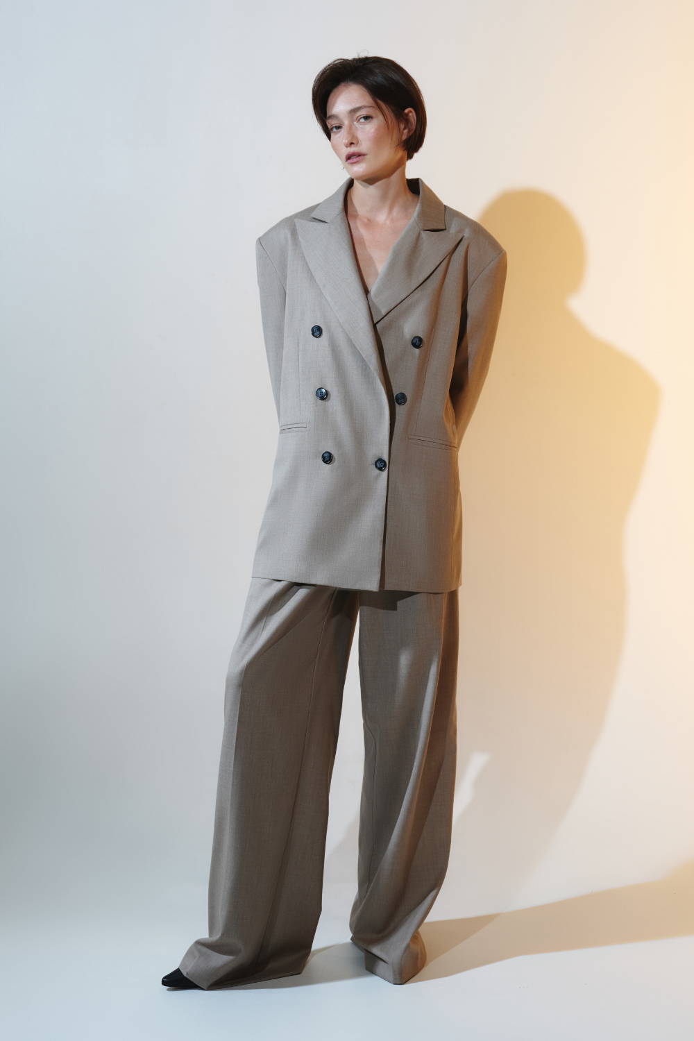 Beige double-breasted cashmere suit