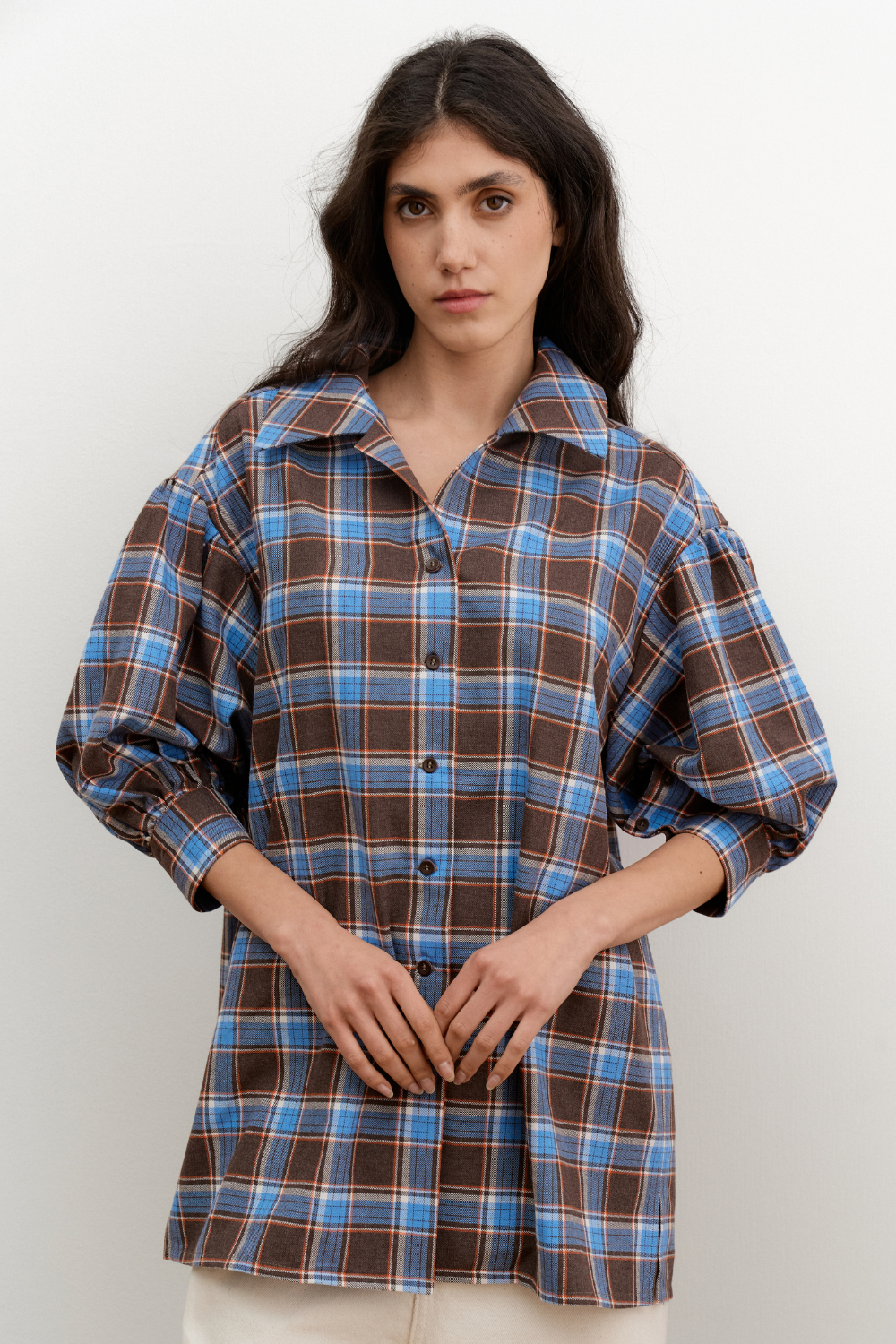 БЛАКИТНО-КОРИЧНЕВА ФЛАНЕЛЕВА СОРОЧКА З АКЦЕНТНИМИ РУКАВАМИ