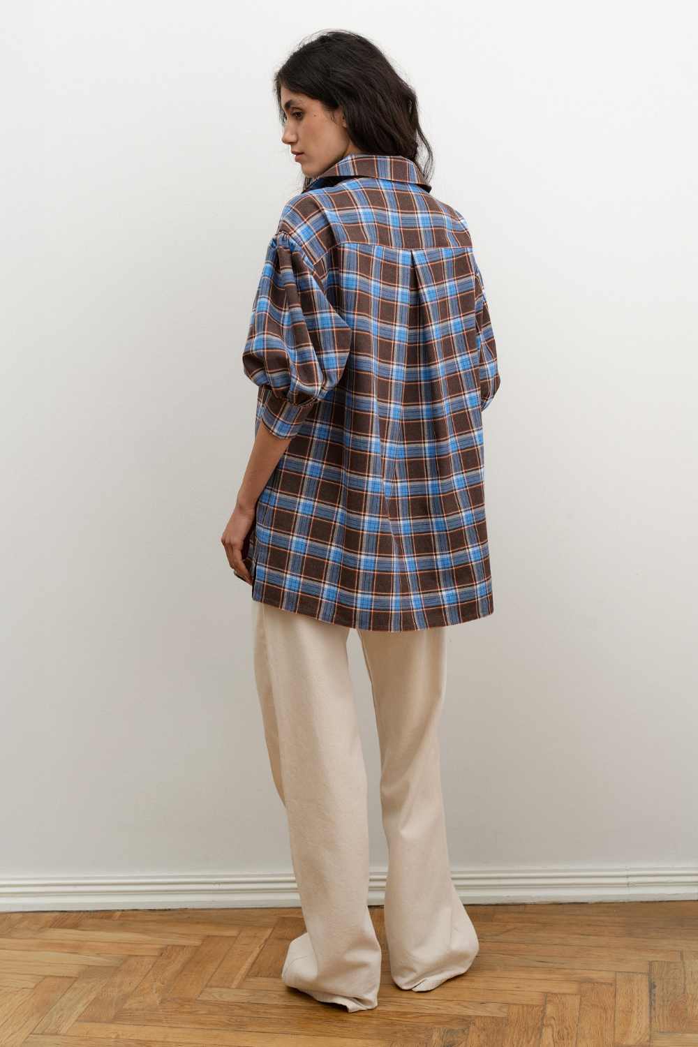 БЛАКИТНО-КОРИЧНЕВА ФЛАНЕЛЕВА СОРОЧКА З АКЦЕНТНИМИ РУКАВАМИ