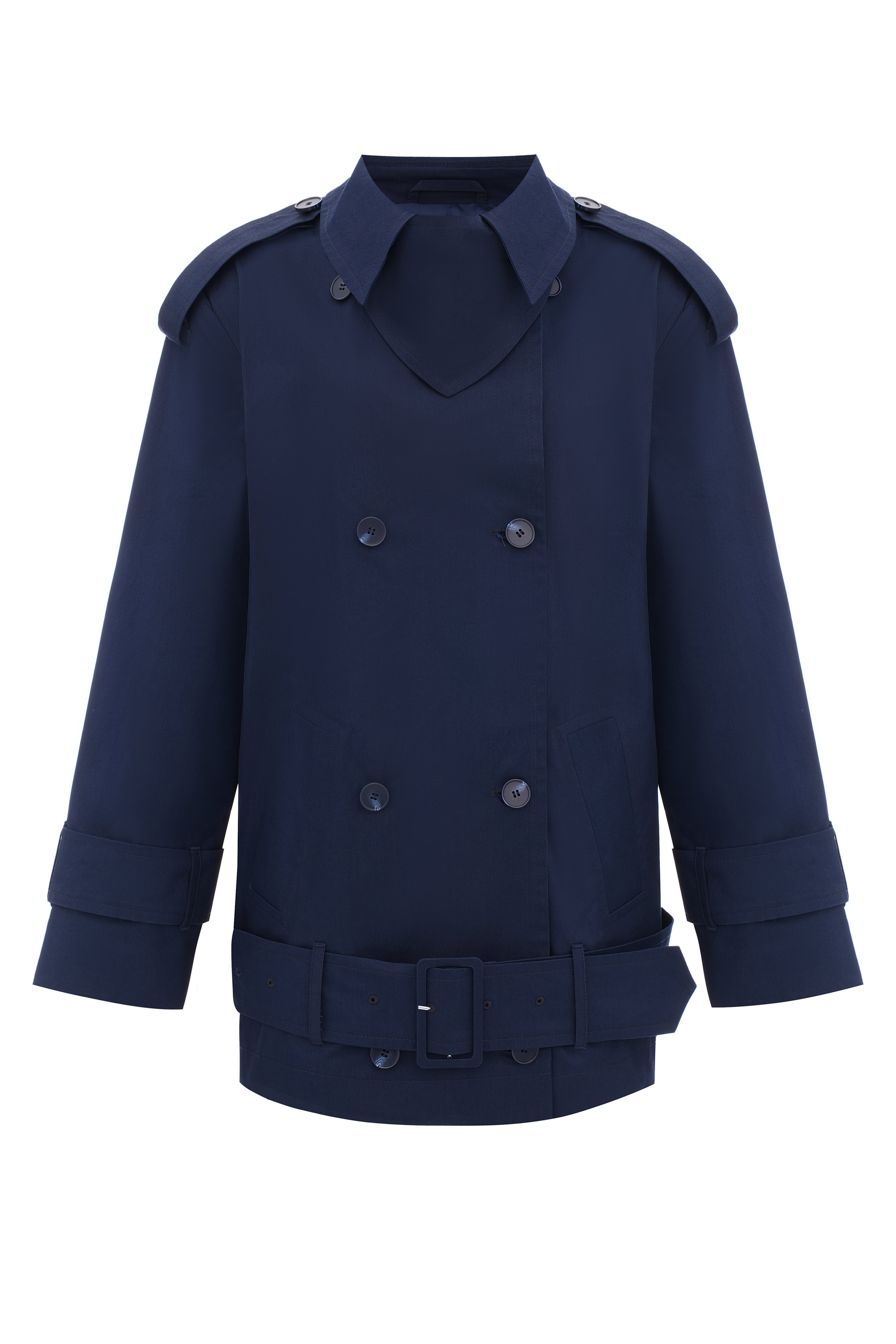 Deep blue trench coat with an accent on the low waist